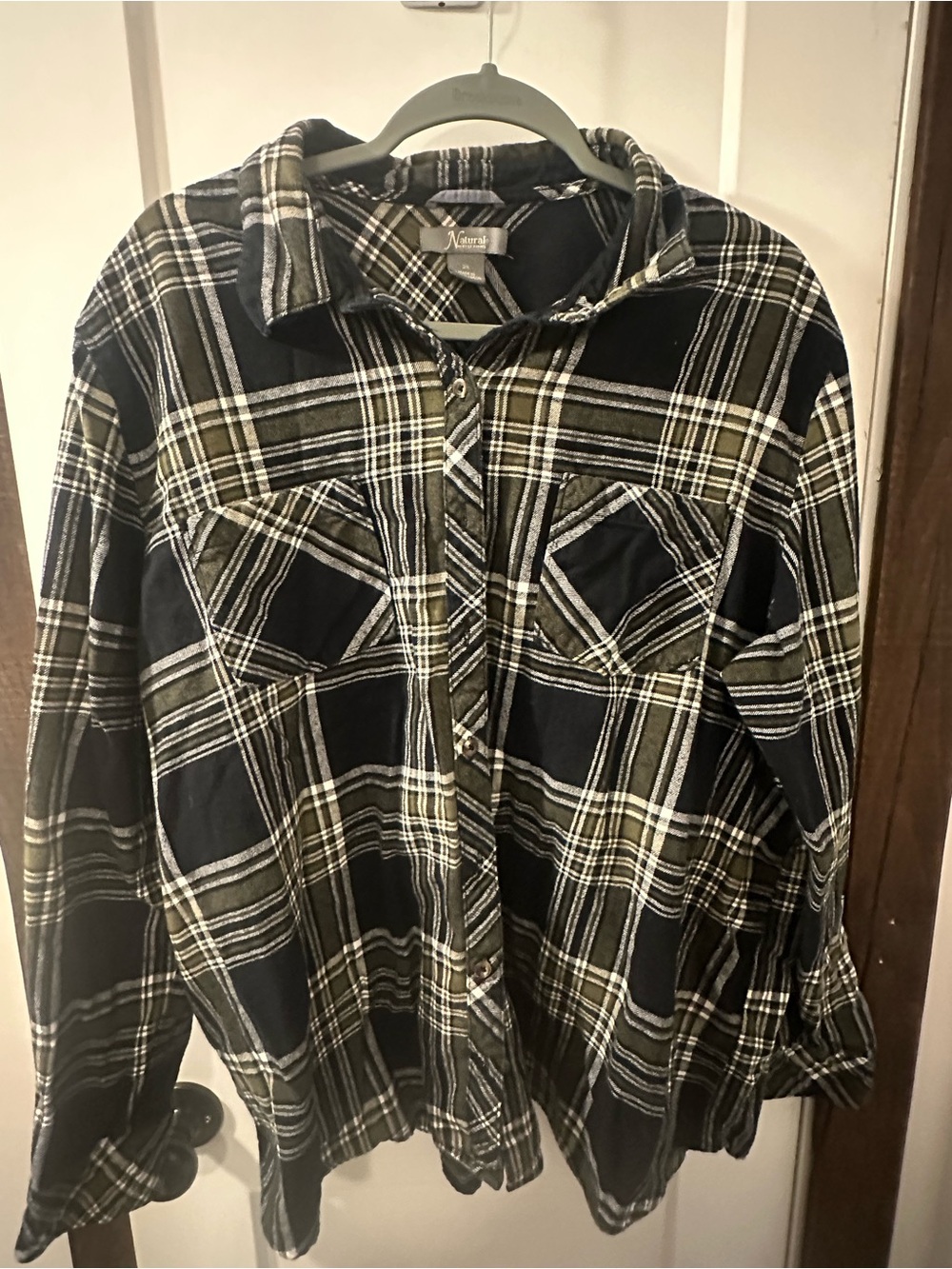 Natural Reflections Women’s Black and Olive Plaid Flannel Shirt